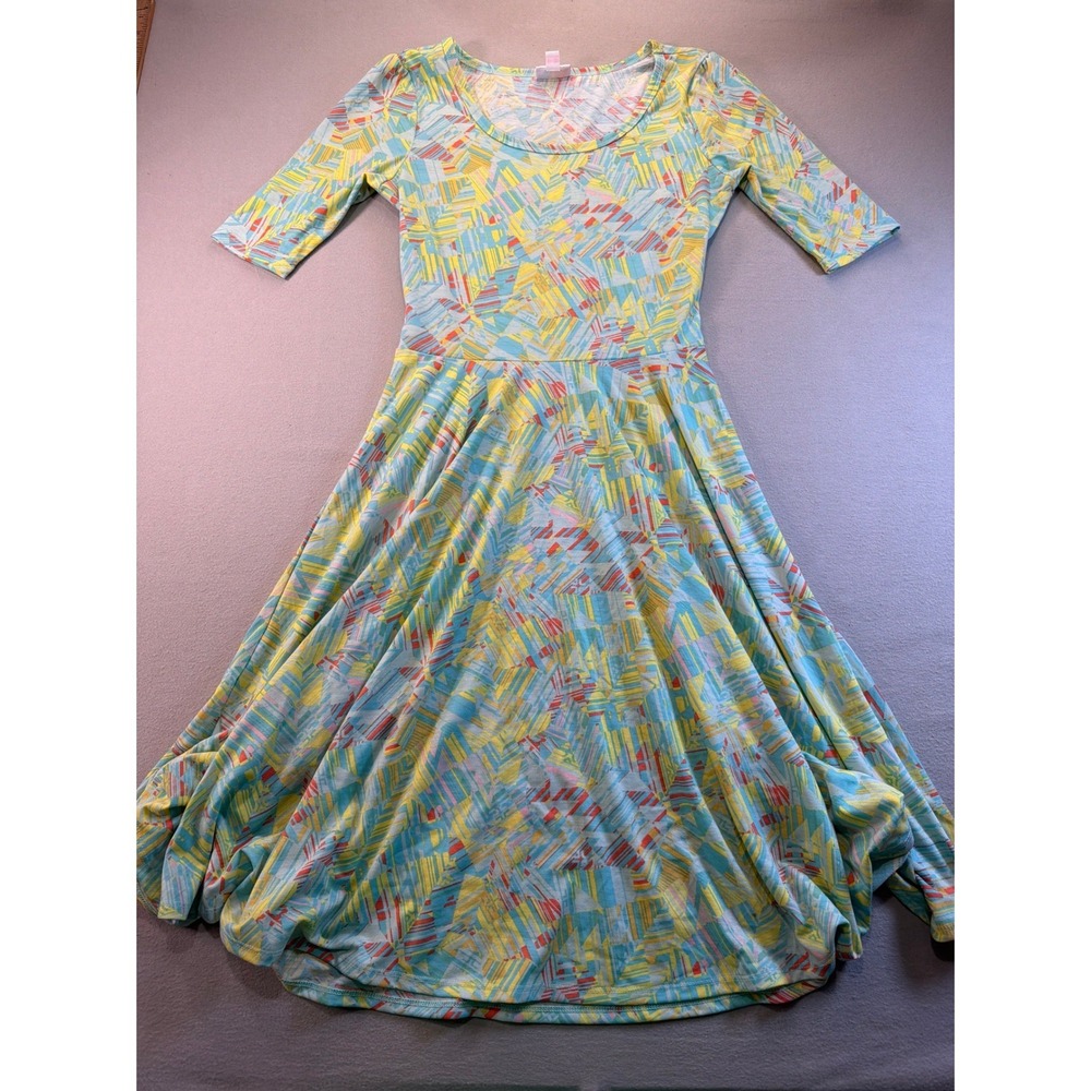 LuLaRoe Nicole Dress Women's Small Blue Yellow Geometric Fit Flare Midi